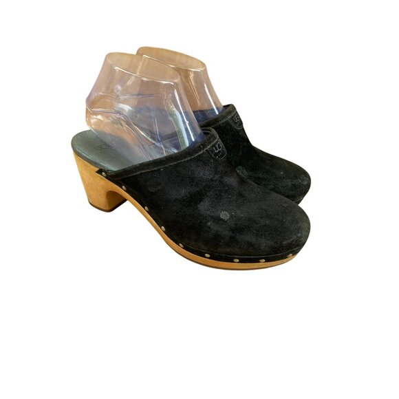 UGG Womens Abbie 5772 Black Suede Clogs Wooden Heel Size 8 Mule Slip on heel - Picture 2 of 16